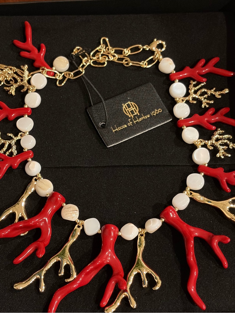 House of Harlow 1960 Red Coral & Gold Branch Pearl Necklace - Picture 2 of 7